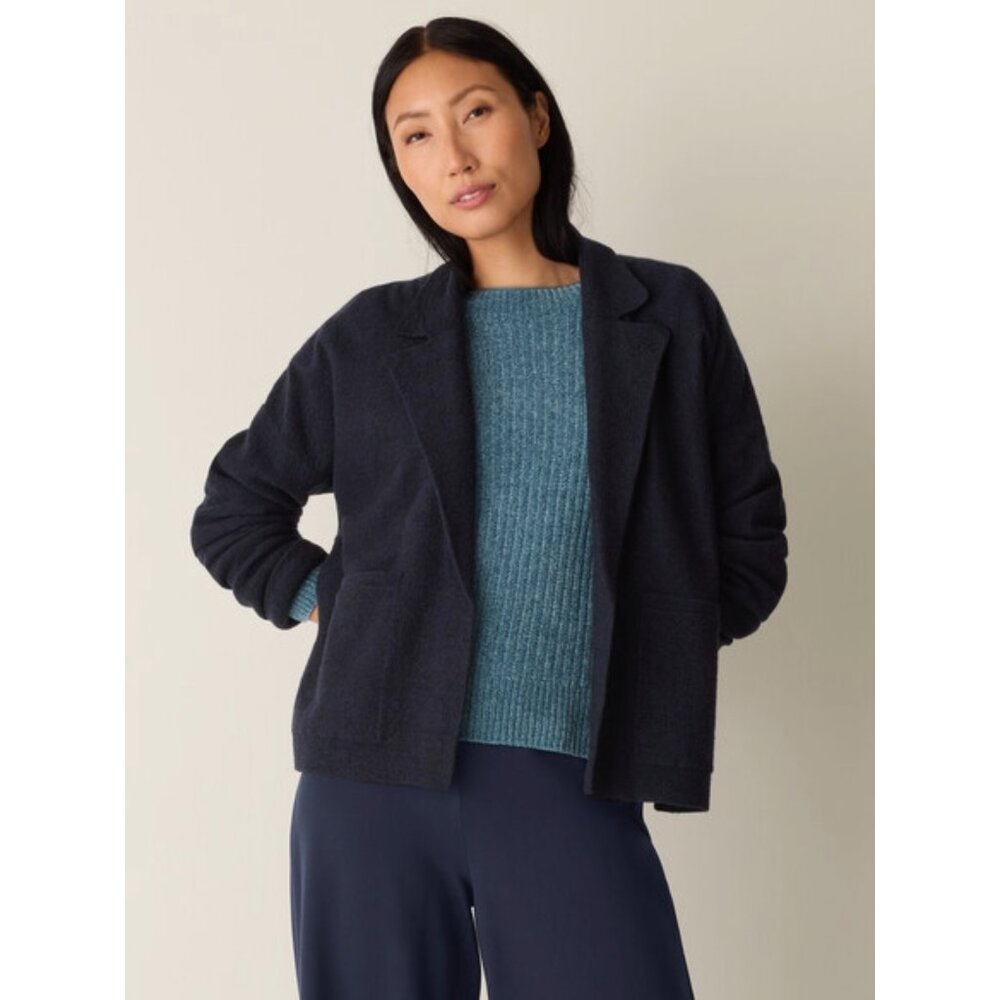 Eileen Fisher Fine Felted Wool Notch Collar Cardigan – Ink (Dark Blue) – NWT